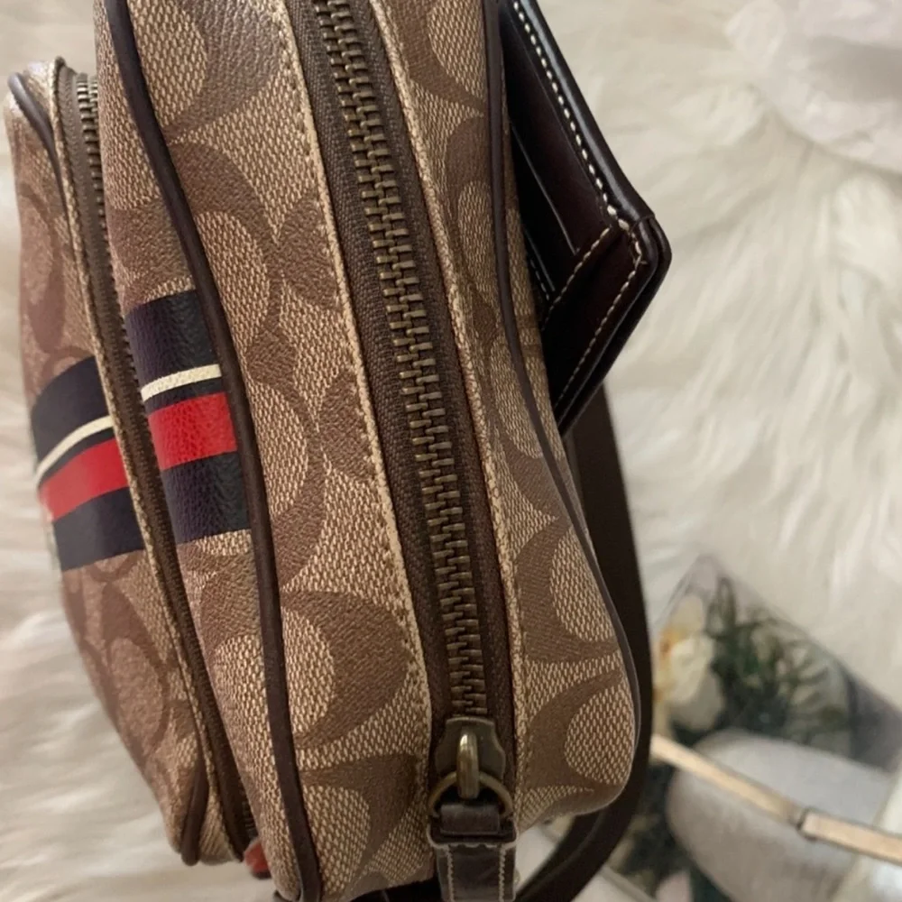 Vintage Coach Tan Messenger Bag with Red and Black Stripes